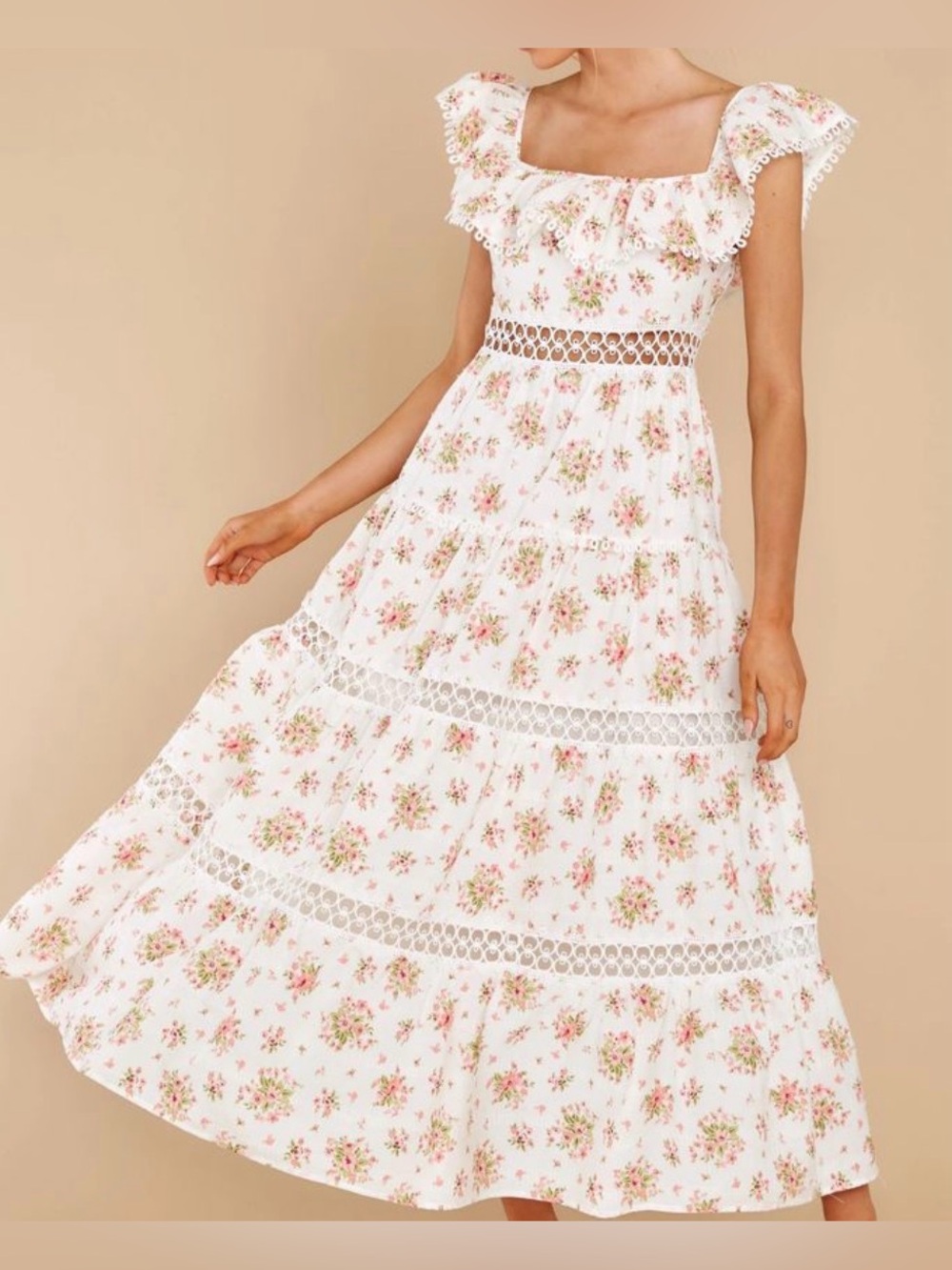 Women’s Floral Rose Cottagecore Off-Shoulder Cotton Tiered Maxi Dress M